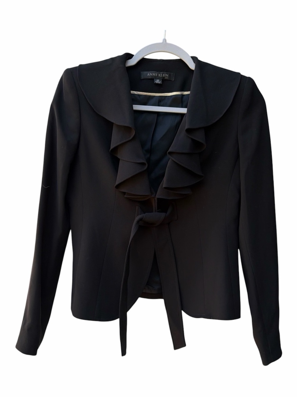 ANNE KLEIN Elegant Black Ruffle Neckline & Button/Waist Tie Jacket WM SZ 0P